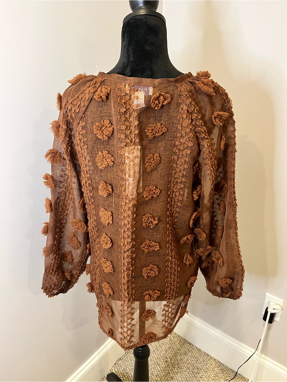 NWT Calypso St. Barth Brown Pom-Pom Textured V-Neck Blouse- large - Picture 3 of 6